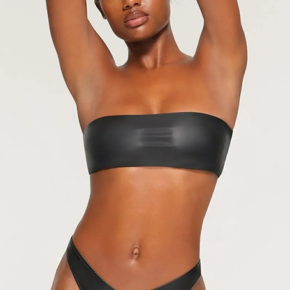 SKIMS Micro Pleather Swim Bandeau Bikini Top Onyx NWT Size 3X